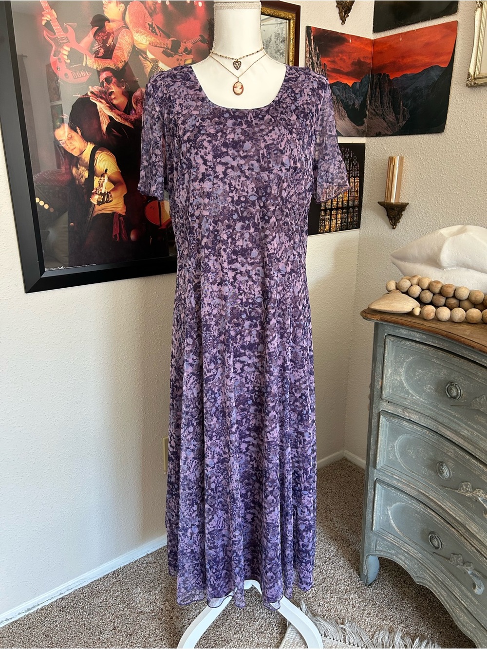Vintage 90s Y2K Purple Maxi Dress Mesh Overlay Garden Fairy Lined Size Large Art